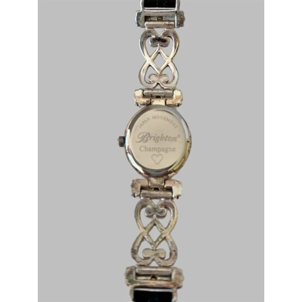 Brighton CHAMPAGNE Silver/Gold Tone Oval Face Black Band New Battery Comes Tin
